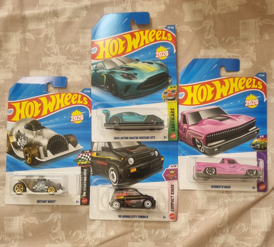 Hot Wheels 2026 F Case Imported Combo (SET-F3.1) – 2024 Aston Martin Vantage GT3, 85 Honda City Turbo II, Bounce’n Bass & Instant Boost (Set of 4)