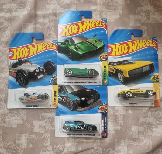 Hot Wheels 2026 F Case Imported Combo (SET-F3.4) – 17 Pagani Huayra Roadster/Cabriolet Decapotable, Honda Civic Custom/Personnalise, Morgan Super 3 & Long Bloc (Set of 4)