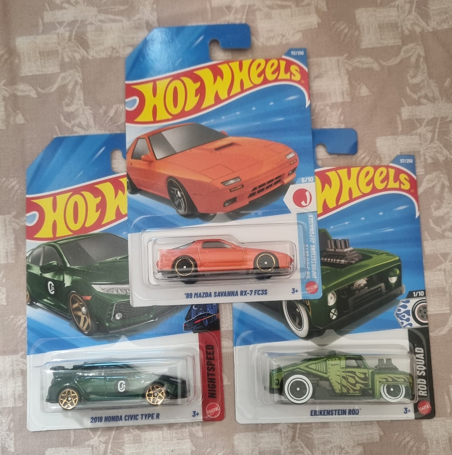 Hot Wheels 2026 F Case IMPORTED Combo (SET-F3.5) – ’89 Mazda Savanna RX-7 FC3S, 2018 Honda Civic Type R & Erikstein Rod (Set of 3)