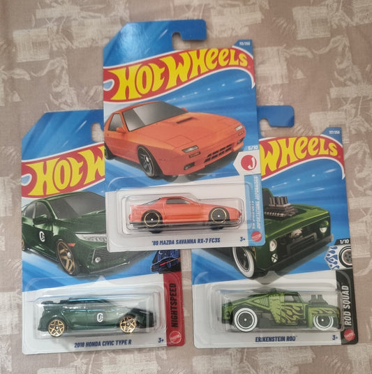 Hot Wheels 2026 F Case IMPORTED Combo (SET-F3.5) – ’89 Mazda Savanna RX-7 FC3S, 2018 Honda Civic Type R & Erikstein Rod (Set of 3)