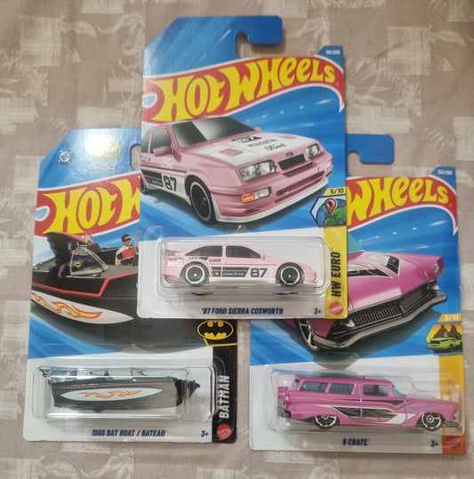 Hot Wheels 2026 F Case Imported Combo (SET-F3.6) – ’87 Ford Sierra Cosworth, 1966 Bat Boat/Bateau & 8 Crate (Set of 3)