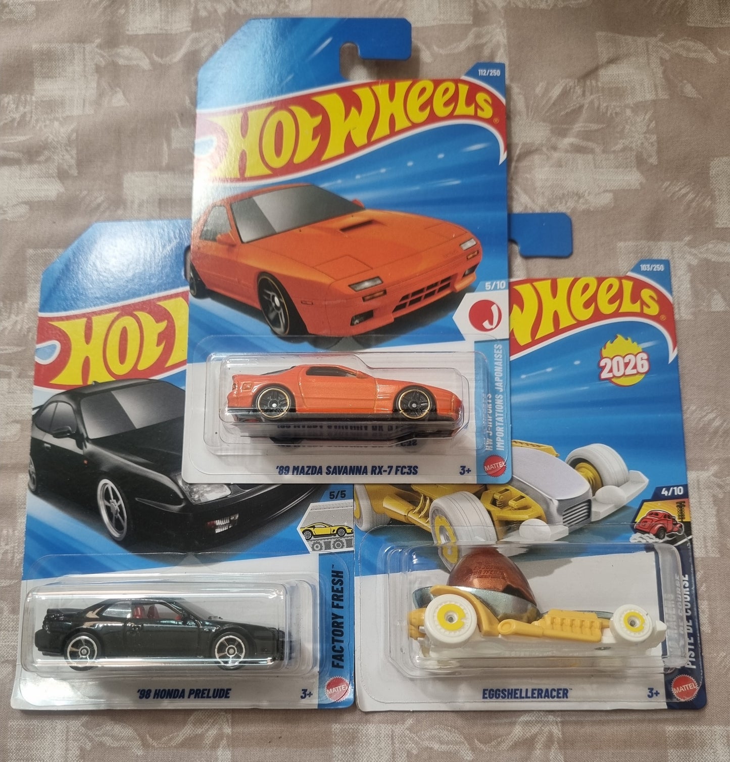 Hot Wheels 2026 F Case IMPORTED Combo (SET-F4.5) –  ’89 Mazda Savanna RX-7 FC3S, ’98 Honda Prelude & Eggshelleracer (Set of 3)