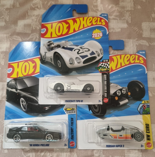 Hot Wheels 2026 F Case IMPORTED Combo (SET-F4.6) – Maserati Tipo 61, ’98 Honda Prelude & Morgan Super 3 (Set of 3)