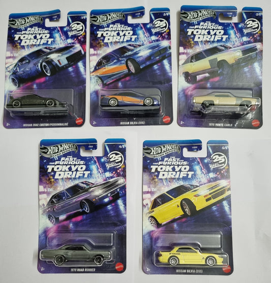 Hot Wheels Fast & Furious Tokyo Drift Set (5 Cars) – Nissan 350Z, Silvia S15, Monte Carlo, Road Runner & Silvia S13 | Silver Series