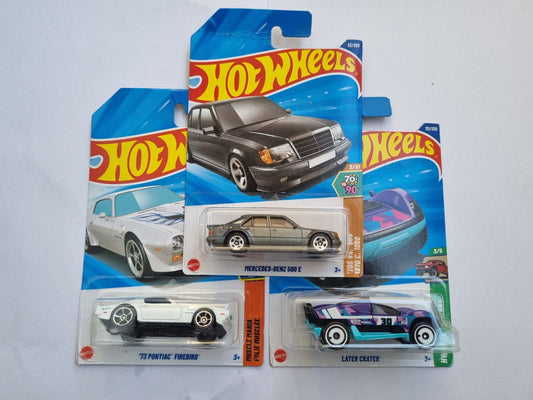 Hot Wheels 2025 M Case Imported Die-Cast Car Combo Pack – Mercedes‑Benz 500 E, 73 Pontiac Firebird (1973) & Later Crater | 1:64 Scale Collectible Set