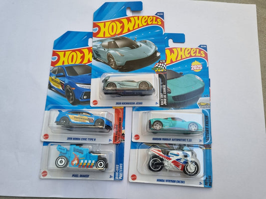 Hot Wheels 2025 Imported Combo – Koenigsegg Jesko + Honda Civic Type R + Gordon Murray T.33 + Pixel Shaker + Honda VFR750R