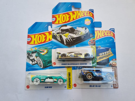 Hot Wheels 2025 M Case Imported Combo – Peugeot 9X8 Hypercar, Slide Kick & Big-Air Bel-Air | Set of 3 Die-Cast Cars (1:64)