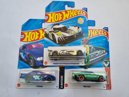 Hot Wheels 2025 Combo – Peugeot 9X8 Hypercar, Stockar & King Kuda | Set of 3 Die-Cast Cars 1:64 Scale