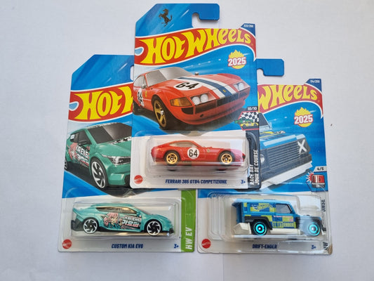Hot Wheels 2025 M Case Imported Combo – Ferrari 365 GTB4 Competizione, Custom Kia EV6 & Drift-Ender | Set of 3 Die-Cast Cars (1:64 Scale)