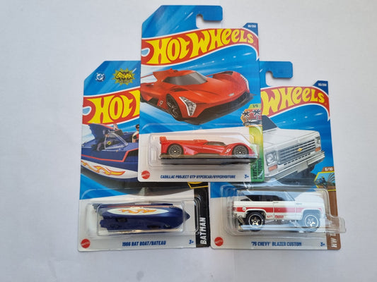 2025 Imported M Case Hot Wheels 3 Car Combo – Cadillac Project GTP Hypercar + ’75 Chevy Blazer Custom + 1966 Bat Boat