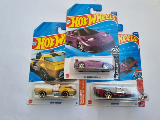 2025 Imported M Case Hot Wheels 3 Car Combo – ’94 Bugatti EB110 SS + Twin Dorado + Madfast