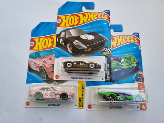 Hot Wheels 2025 M Case Imported Die-Cast Combo – Porsche 904 Carrera GTS, Datsun 240Z & Blitzspeeder | Factory Sealed