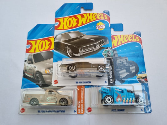 Hot Wheels 2025 M Case Imported 3 Car Combo – '66 Buick Riviera, Ford F-150 SVT Lightning & Pixel Shaker