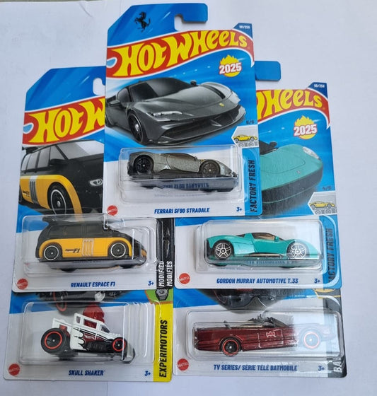 Hot Wheels 2025 P Case Imported Combo Set (5 Cars) – Ferrari SF90, Renault Espace F1, Gordon Murray T.33 & More