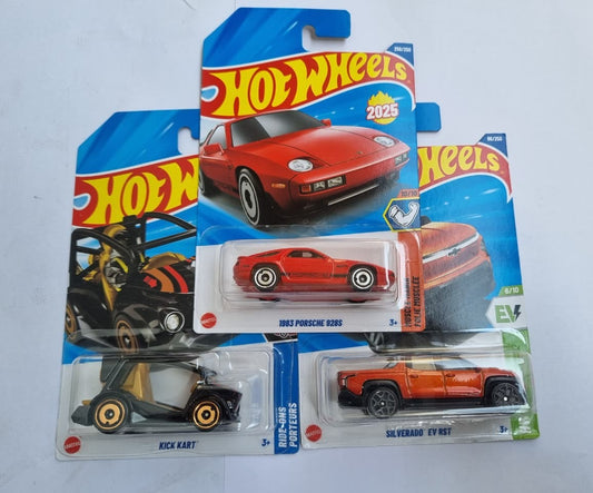 Hot Wheels 2025 P Case Combo (3 Cars) – Porsche 928S, Silverado EV RST & Kick Kart