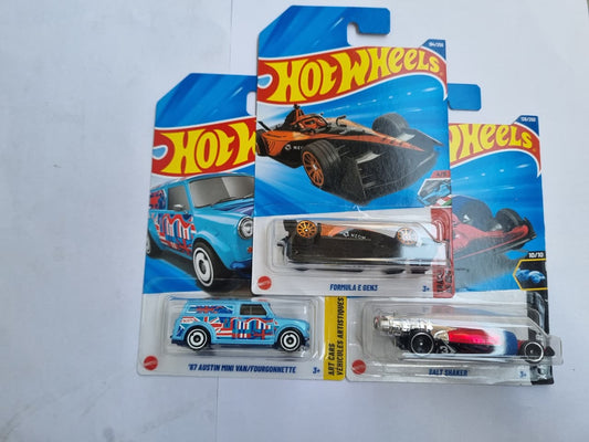 Hot Wheels 2025 P Case Combo (3 Cars) – Formula E Gen3, '67 Austin Mini Van & Salt Shaker