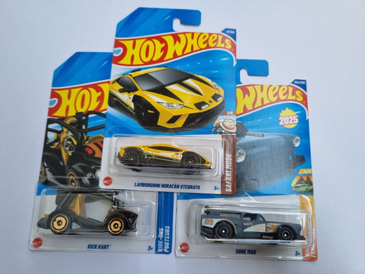 Hot Wheels 2025 P Case Combo (3 Cars) – Lamborghini Huracán Sterrato, Kick Kart & Gone Mad