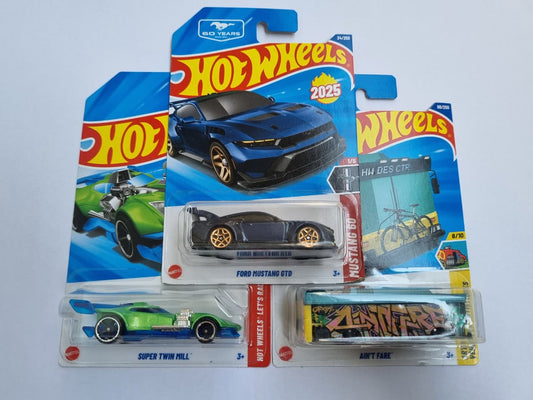Hot Wheels 2025 P Case Combo (3 Cars) – Ford Mustang GTD, Super Twin Mill & Ain’t Fare