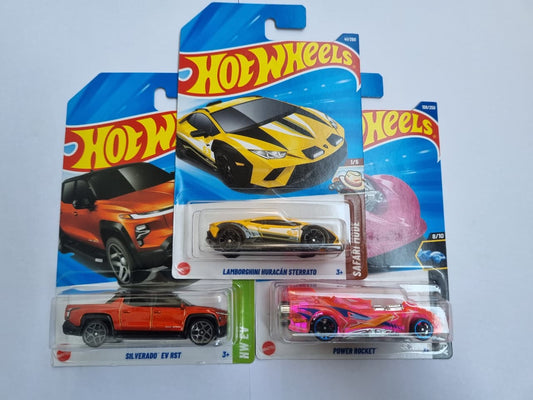 Hot Wheels 2025 P Case Combo (3 Cars) – Lamborghini Huracán Sterrato, Silverado EV RST & Power Rocket