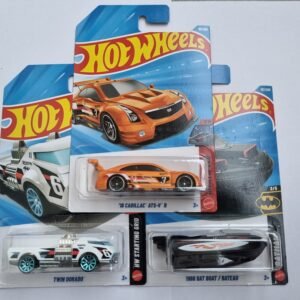 hot wheels 3 car combo – cadillac ats v r, twin dorado & 1966 bat boat | 1:64 die cast set