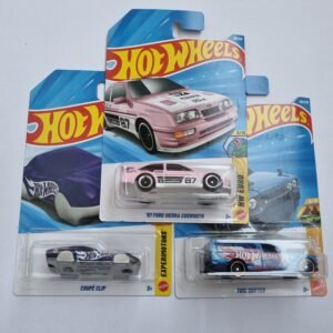 hot wheels 3 car combo – ’87 ford sierra cosworth, coupé clip & time shifter | 1:64 die cast set