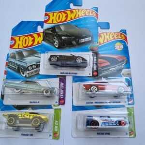 hot wheels 5 car combo pack – audi r8 spyder, impala, toronado, polestar trx & voltage spike | die cast collection
