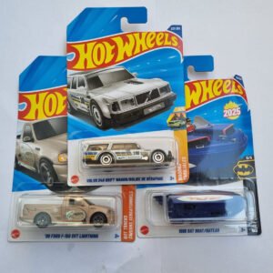 hot wheels 2025 m case imported die cast car combo – volvo 240 drift wagon, 99 ford f 150 svt lightning & 1966 bat boat | 1:64 scale collectible