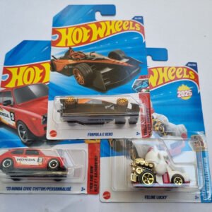 hot wheels 2025 m case imported die cast car combo pack – formula e gen3, 73 honda civic custom & feline lucky | 1:64 scale collectible set