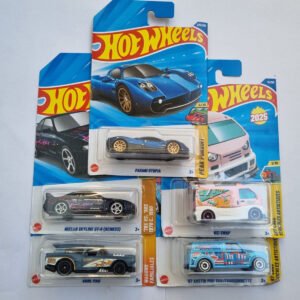 hot wheels 2025 imported combo pack of 5 die cast cars – pagani utopia, nissan skyline gt r r33, bone shaker, kei swap, ’67 austin mini van collectible set