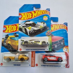 hot wheels 2025 imported combo pack of 3 die cast cars – peugeot 9x8 hypercar, ’73 honda civic custom & twin dorado collectible set