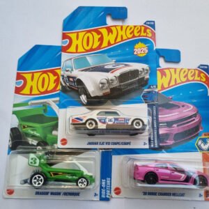 hot wheels 2025 imported combo pack of 3 die cast cars – jaguar xj c v12 coupe, draggin' wagon, 2020 dodge charger hellcat