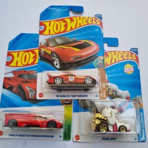 hot wheels 2025 m case combo – mazda rx 7 drift + cadillac project gtp hypercar + feline lucky (imported)