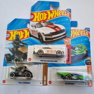 hot wheels 2025 m case combo – ford mustang dark horse + tesla cyberquad + blitzspeeder (set of 3)