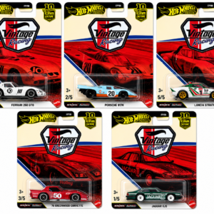Hot Wheels Premium Car Culture Vintage Racing Complete Set of 5 featuring Jaguar XJS, Porsche 917K, Ferrari 250 GTO, Lancia Stratos and '76 Greenwood Corvette