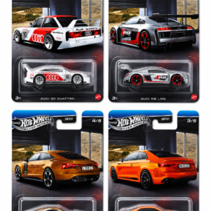 Hot Wheels Silver Series Audi Collection complete set of 4 including Audi 90 Quattro, Audi R8 LMS, Audi RS 5 Coupe and Audi RS e-tron GT factory sealed 1:64 die-cast cars