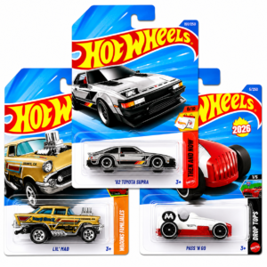 Hot Wheels 3 Car Combo Pack featuring '82 Toyota Supra, Lil' Mad and Pass 'N Go featuring porsche taycan turbo s, duck n' roll and pedal driver