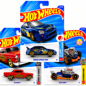 hot wheels die cast car combo pack of 3 | subaru impreza wrx + '55 chevy + click shift | mattel 1:64 scale collectible set