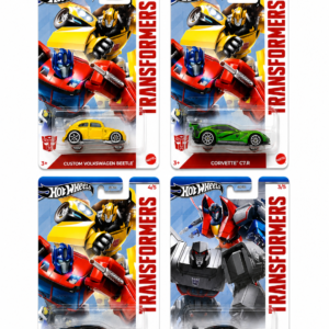 Hot Wheels Transformers Complete Set of 5 imported factory sealed 1:64 die-cast cars including Volkswagen Beetle, Corvette C7R, Ford Mustang GT, Bugatti Veyron and Pagani Huayra