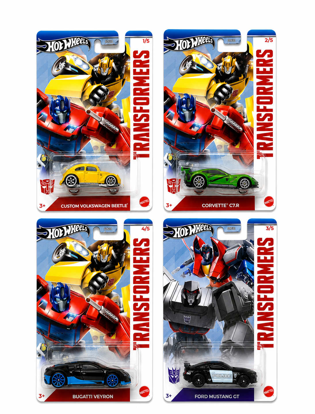 Hot Wheels Transformers Complete Set of 5 Imported | ShopVeroo Hot Wheels Transformers Complete Set of 5 imported factory sealed 1:64 die-cast cars including Volkswagen Beetle, Corvette C7R, Ford Mustang GT, Bugatti Veyron and Pagani Huayra