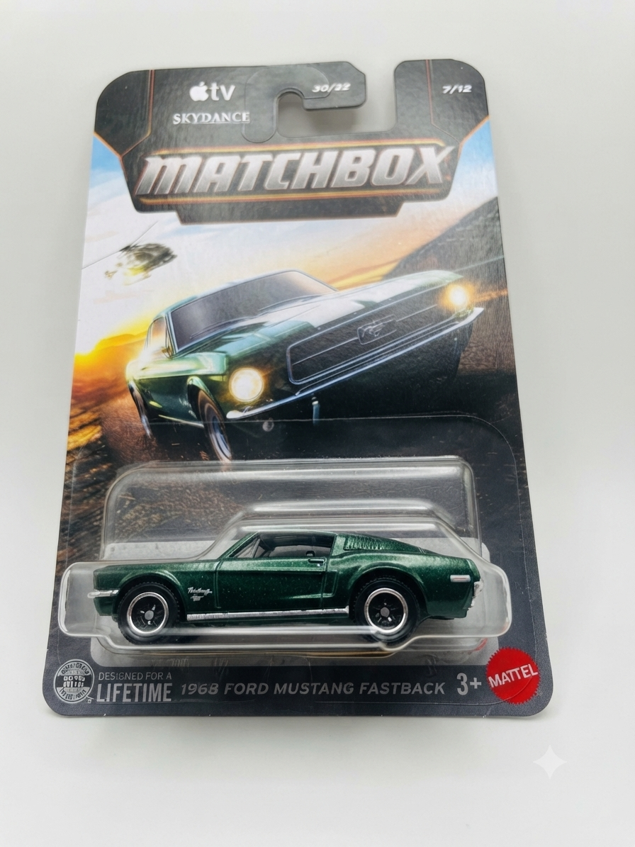 Matchbox 1968 Ford Mustang Fastback 2026 JND27 Matchbox 1968 Ford Mustang Fastback 2026 The Movie 7/12 JND27 dark green 1:64