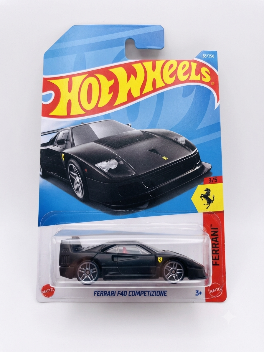 Hot Wheels Ferrari F40 Competizione 2026 JJJ31 Imported Card Hot Wheels Ferrari F40 Competizione 2026 #63/250 Ferrari 3/5 JJJ31 black imported card with protector