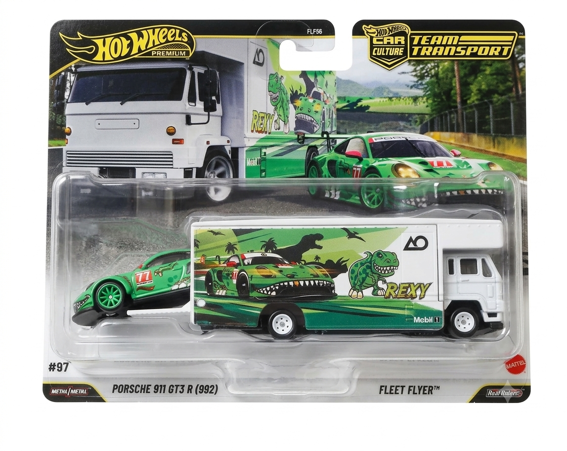 Hot Wheels Porsche Rexy Team Transport Hot Wheels Premium Team Transport Porsche 911 GT3 R Rexy #97 with Fleet Flyerv